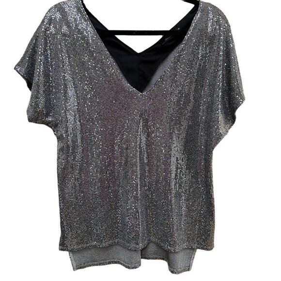 Anna Grace Short Sleeve V-Neck Metallic Silver Sequin Top NYE‎ Women's Size S - Picture 1 of 5